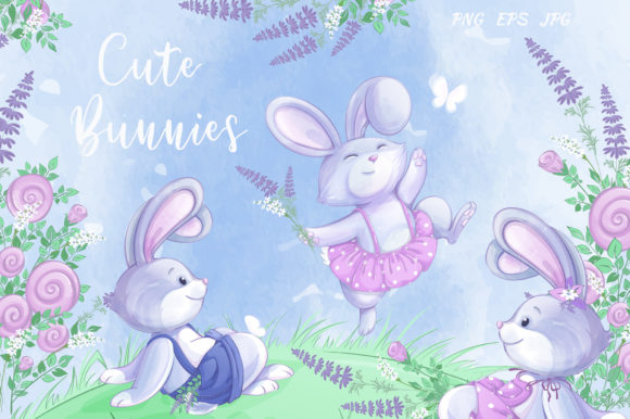 Cute Bunnies and Flowers: Watercolor Vector Clipart