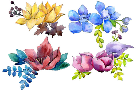 Flower Composition Watercolor Set: Elevating Designs with High-Resolution Botanical Art
